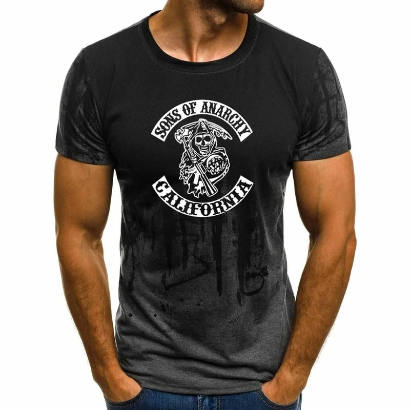 

summer new SOA Sons of anarchy children Fashion Skull Print Gradien T-Shirt Men Fashion short sleeve Cotton Casual Mens Tee X
