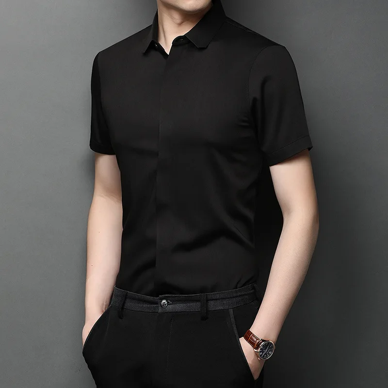 

Summer square neck short sleeve shirt men's slim fit elastic non iron work shirt young men's business trend inch shirt