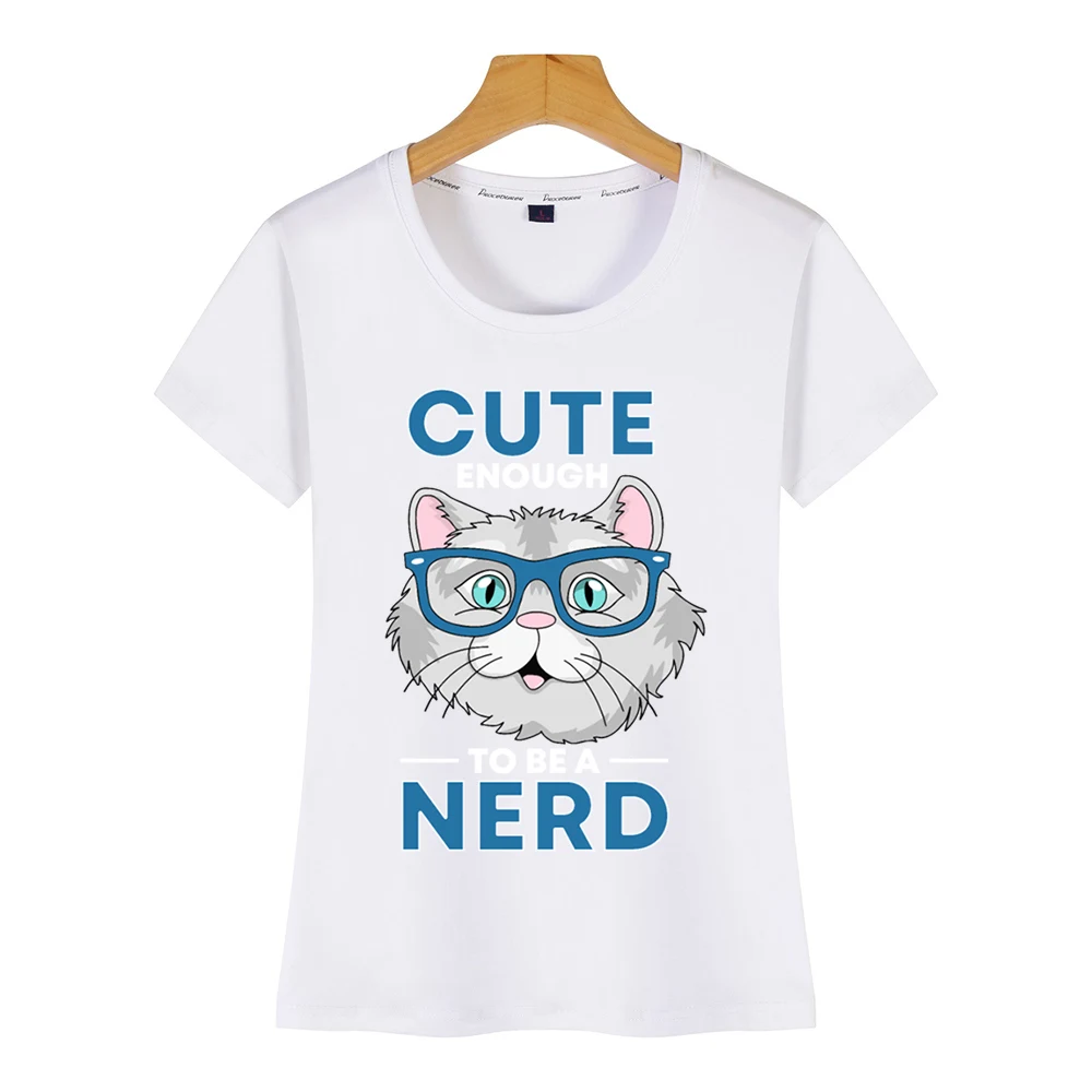 Женская футболка повседневная черная с симпатичным животным принтом nerd cat |