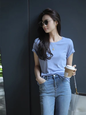 

HAN Short-sleeved T-shirt women's summer new style multicolor light silky thin round neck pure color mulberry silk simple