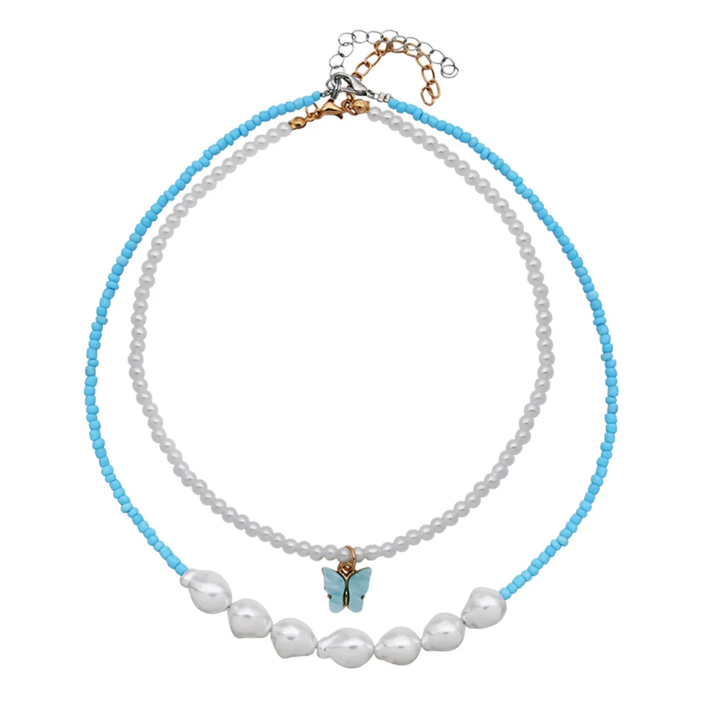 

TAUAM Blue Rice Beads Imitation Pearls Necklace for Women Gold Color Butterfly Choker Female 2021 Fashion Jewelry