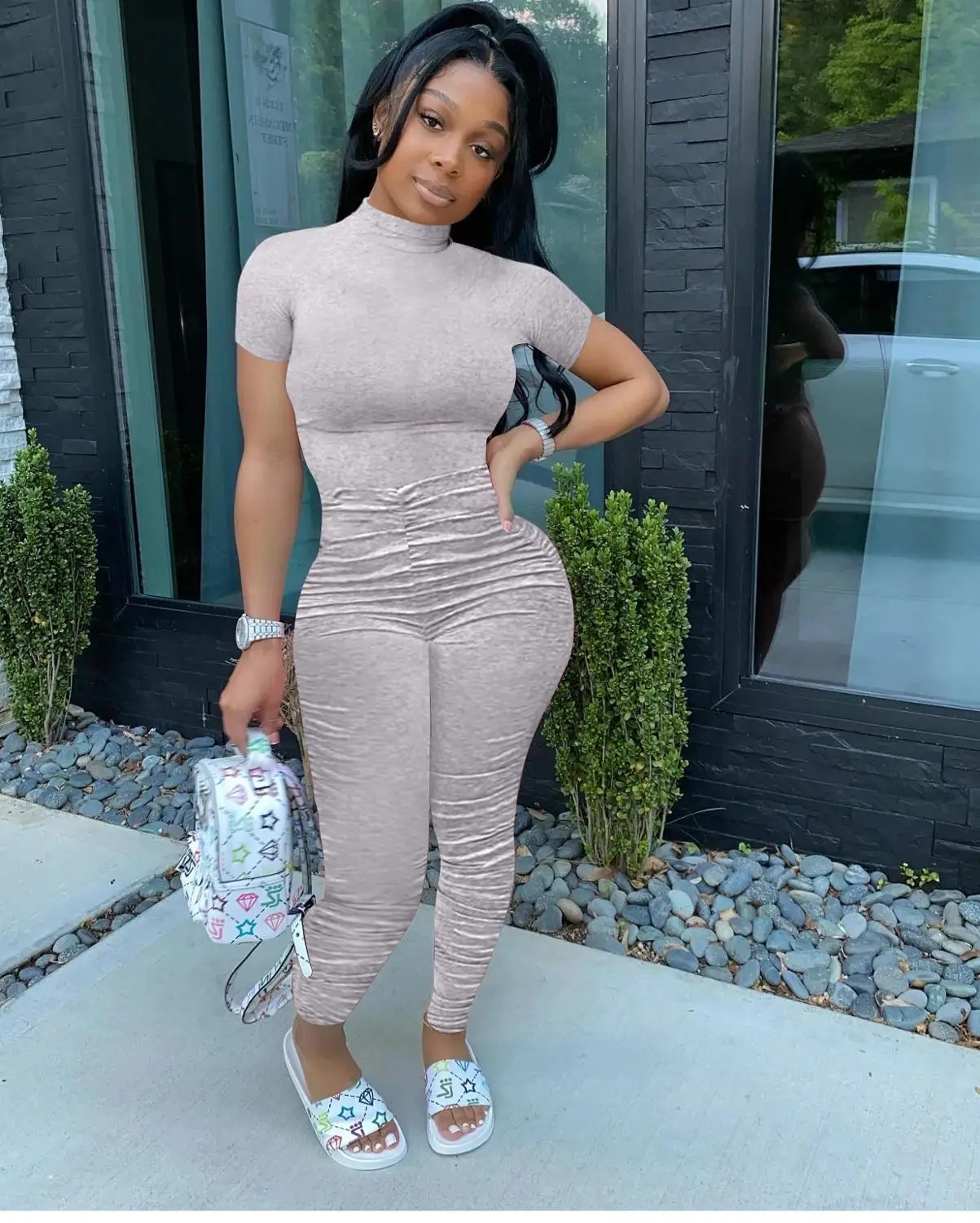 

women fashion simple solid color round neck short sleeves crop top and tight leggings 2 pieces set casual lady fashion tracksuit