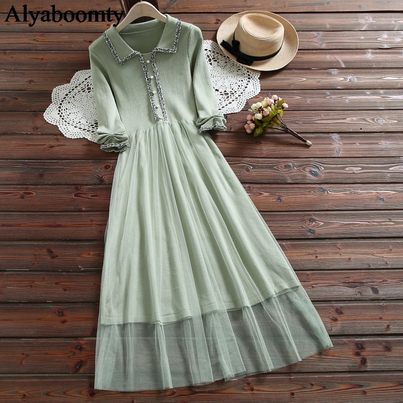 Японский Мори девушка осень зима женское длинное платье отложной воротник