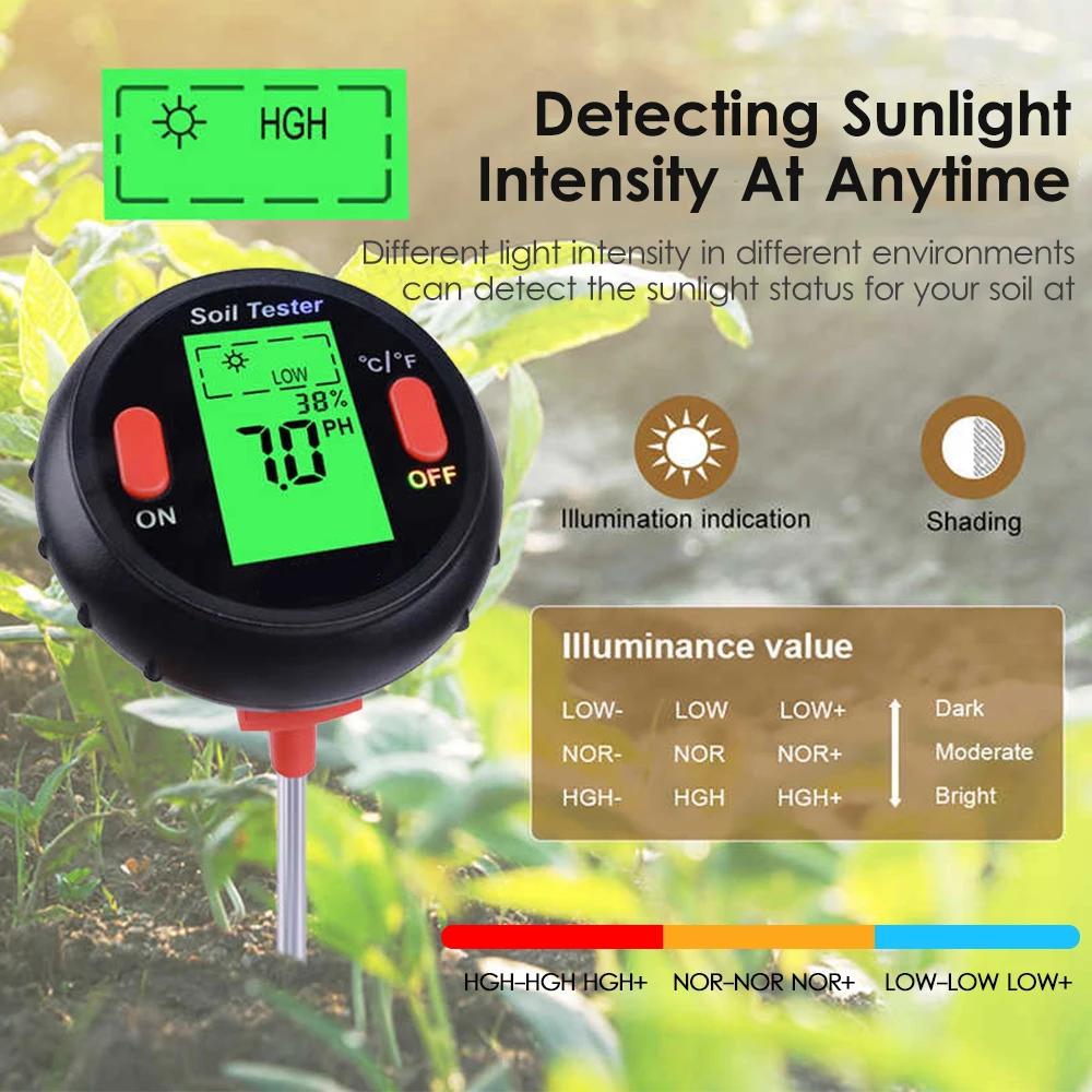 

5-in-1 Digital Soil pH Meter Moisture Meter PH Levels Temperature Sunlight Intensity Humidity Tester Large Backlit LCD Display