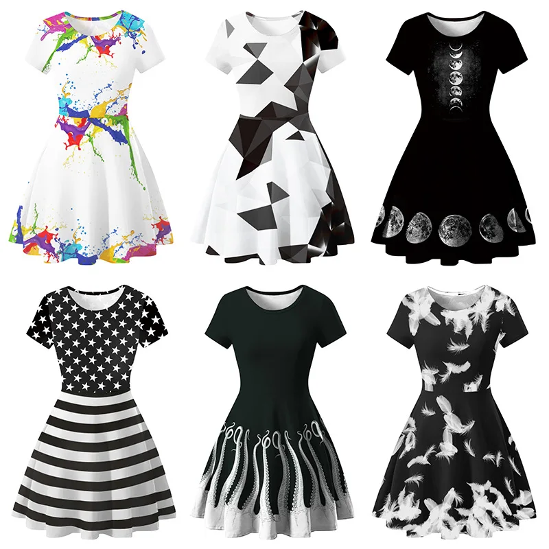 TMWEVN Digital Printed O-neck Pleated Dress Short Sleeve | Женская одежда