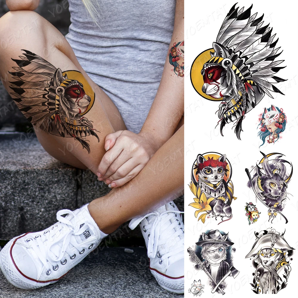 

Waterproof Temporary Tattoo Sticker Indian Tribal Cat Flash Tattoos Moon Old School Body Art Arm Fake Tatoo Women Men