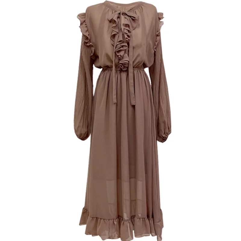 

Новинка Весна-Осень корейский стиль с длинным рукавом элегантное Ретро легкое зрелое шифоновое платье волшебное длинное платье