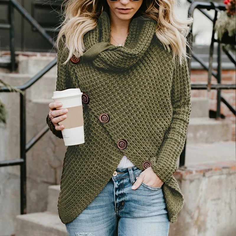 

Streetwear Buttons Long Sleeve Solid Female Jumper Women Turtleneck Sweaters Winter Casual Irregular Oversized Knitted Pullovers
