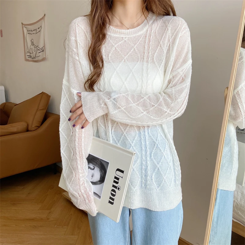

Spring and Autumn High Quality Korean Twist Knitted Thin Breathable Mohair Solid Color Simple Top Pullover Sweater Women's Coat
