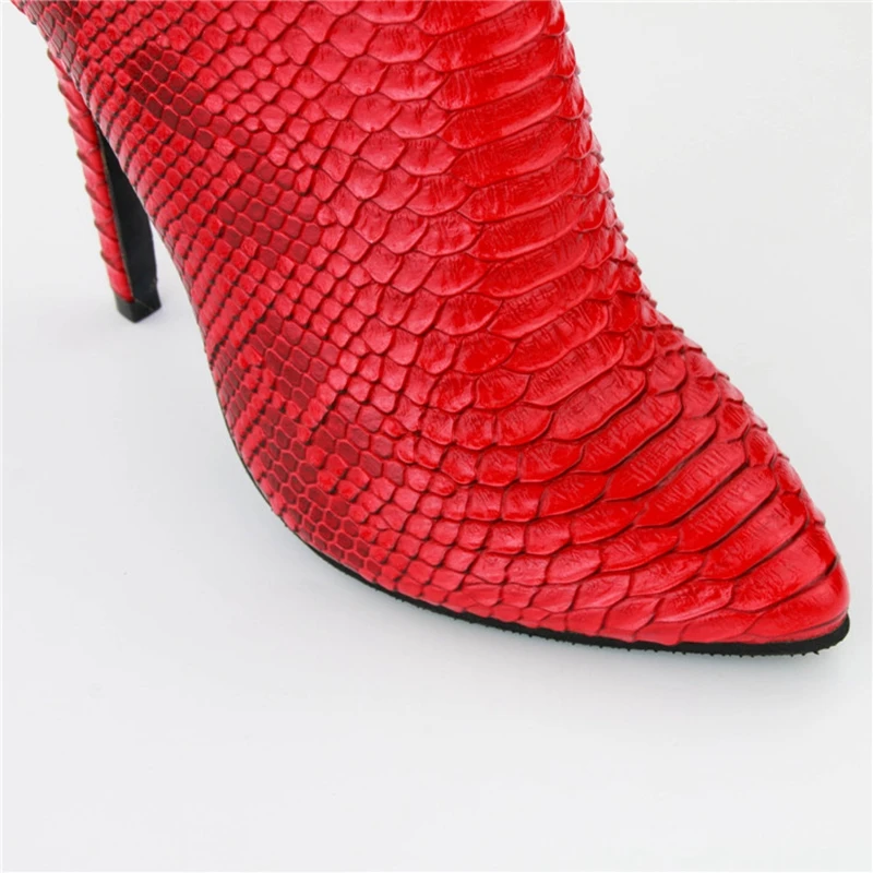 

REAVE CAT Woman Spring Autumn Ankle Boot Animal print Pointed Toe 12cm Thin heels Zipper Scale Plus size 35-47 Red Leisure Party