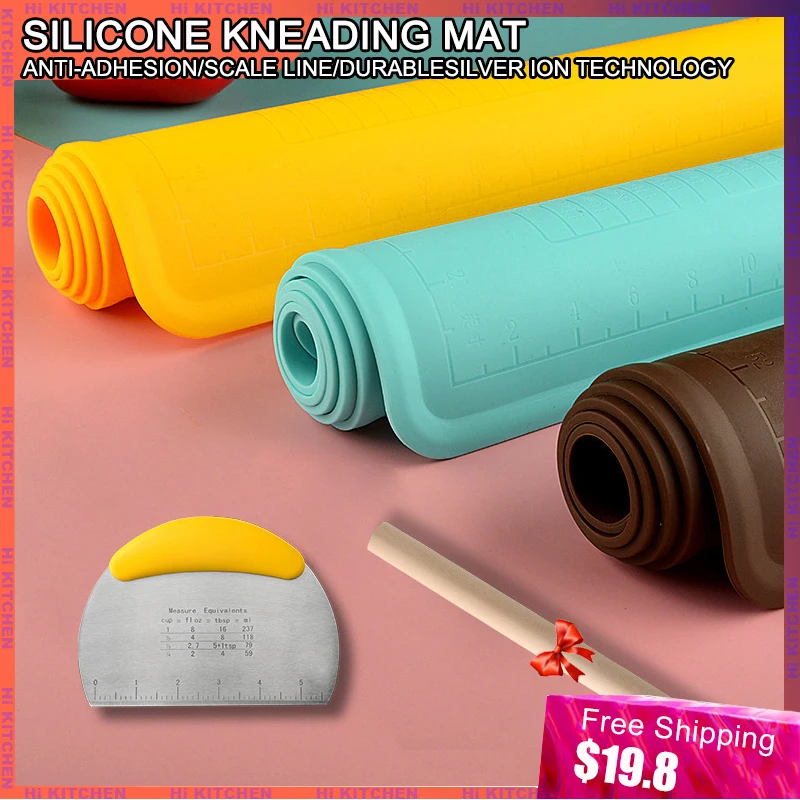 

BAKEWARE SILICONE MAT NON STICK KNEAD DOUGH MAT KITCHEN ACCESSORIES PIZZA BREAD DOUGH ROLLOING MAT SHEET WITH SCALE CUTTER ROLLI