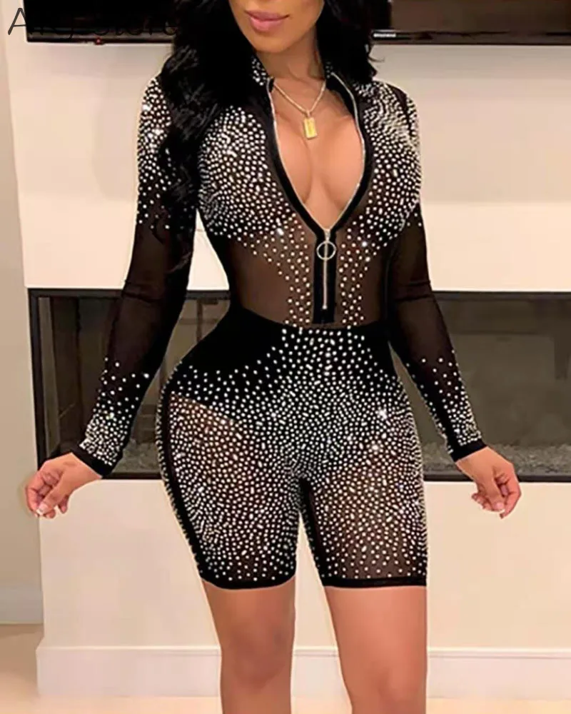

Black Sexy Women Long Sleeve Rompers Sequined V-neck Playsuits