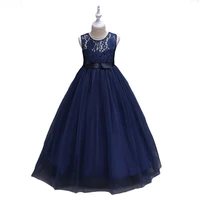 cute o neck flower girls dresses navy blue tulle with bow kids pageant birthday party dresses for wedding