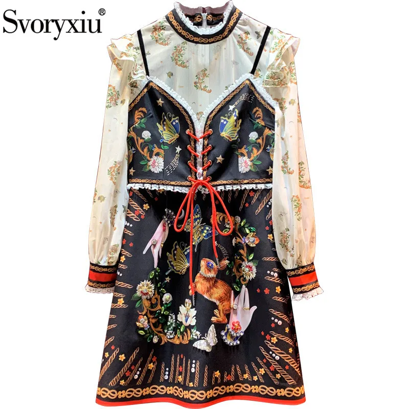 

Svoryxiu Designer Autumn Winter Fashion Short Dress Women's Corset + Crystal Diamond Lace Vintage Black Print Party Dress