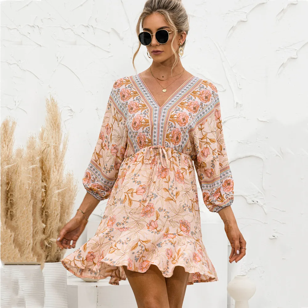 

Summer Dress Women Ruffle Stitching A-Line Dresses High Waist V-Neck Flower Print Dress For Women Vestidos De Mujer Femme Robes
