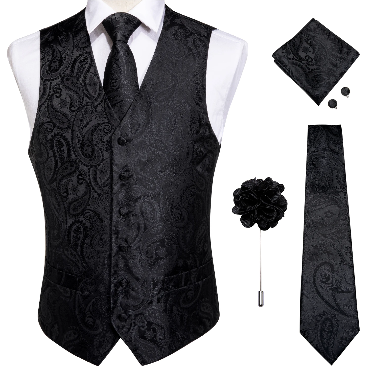 

Mens Suit Vest Tie Set Wedding Party Vest Dressed Homme Tuxedo Waistcoat Casual Sleeveless Jacket Silk Necktie Pocket Square