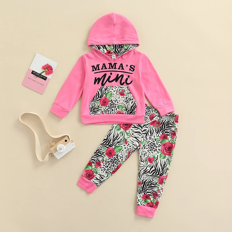 

2022 Kid Baby Girl Casual Pants Outfits Flower Print Long Sleeve Patchwork Letter Pattern Hooded Tops Pants Children's Set