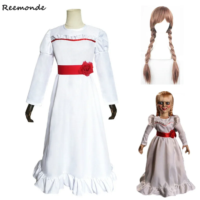

Костюм для косплея из фильма Annabelle, костюмы для косплея, кукла-призрак, белая женская одежда для девочек, детская одежда для Хэллоуина с пари...