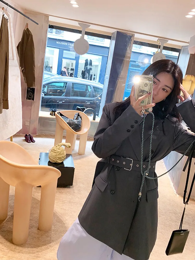 

Autumn Winter Oversize Elegant Grey Blazer Women Jacket Women's Korean Style Loose Double Breasted With Belt Plus Size L-5XL