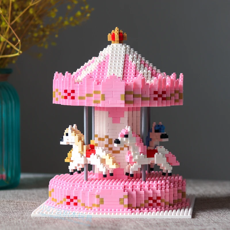 

HC 1014 Amusement Park Pink Merry-go-round Carrousel Horse 3D Model 2572pcs Diamond Mini Building Small Blocks Bricks Toy no Box