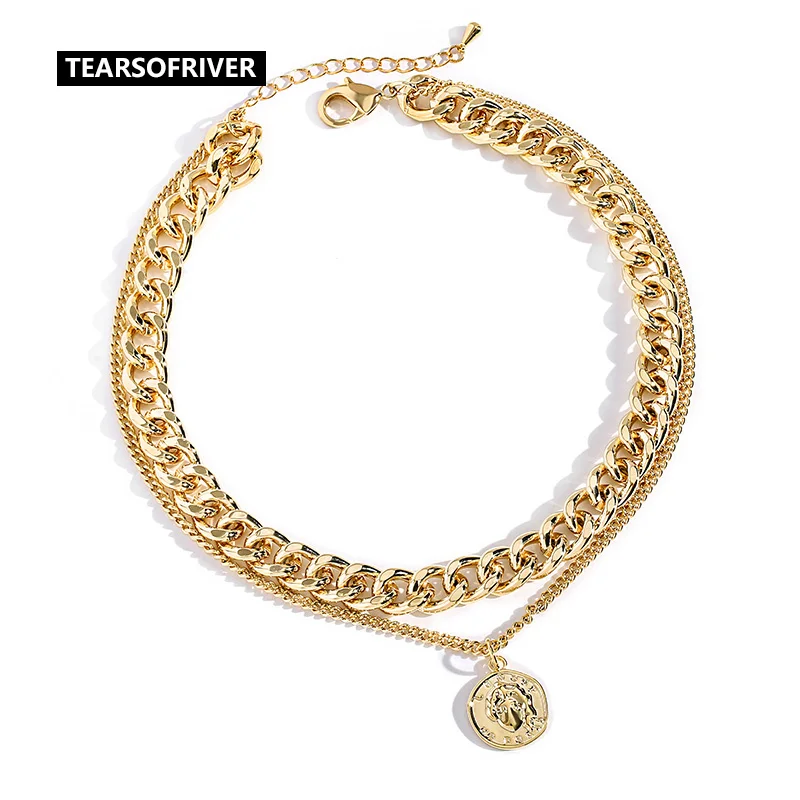

European and American Retro Portrait Thick Chain Necklace Double Personality Chain Coin Pendant Short Clavicle Chain Woman