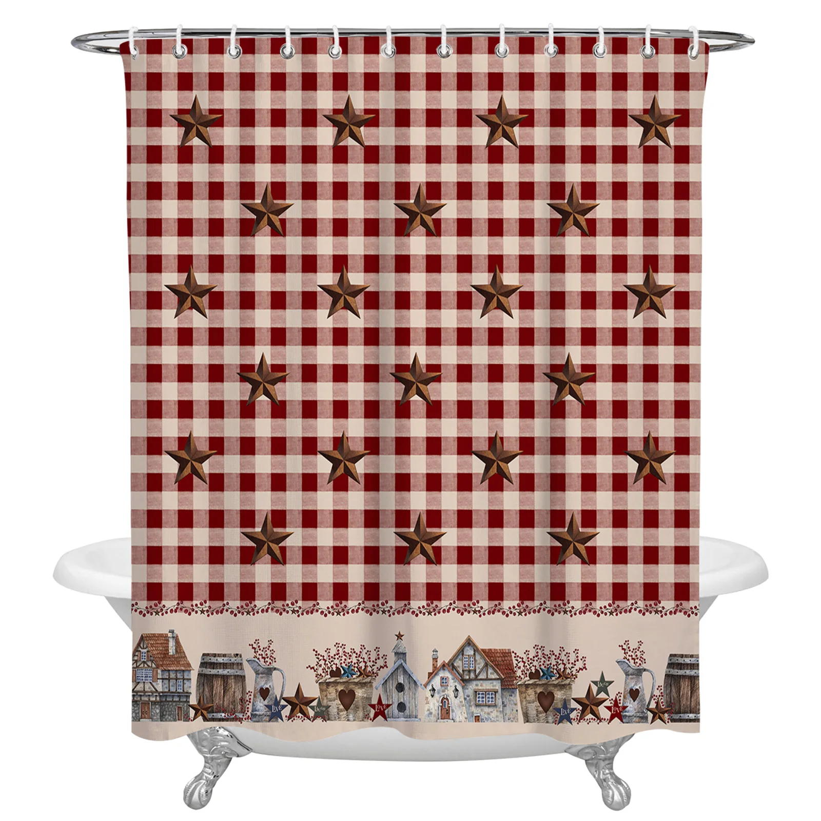 

Country Star Berry Retro Red Plaid Shower Curtain Waterproof Polyester Fabric Bathroom Curtain Home Bath Curtain with Hook