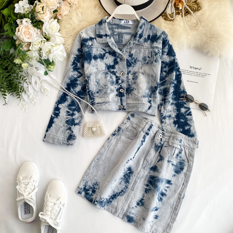 Однобортное пальто с длинным рукавом и мини-юбка Модный женский костюм принтом