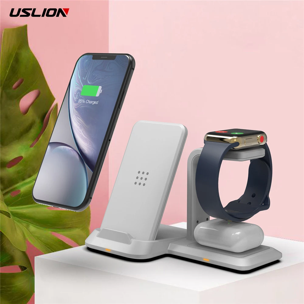 

Магнитная Беспроводная зарядная подставка USLION 3 в 1 Qi для iPhone 13 12Pro Зарядка для Apple Watch 5 Airpods Pro 2 Быстрая зарядка держатель