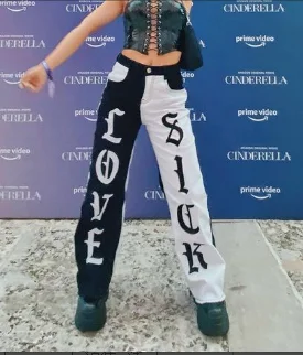 

Women Boyfriend Jeans Gothic Letter Print High Waist Color Block Wide Leg Denim Pants