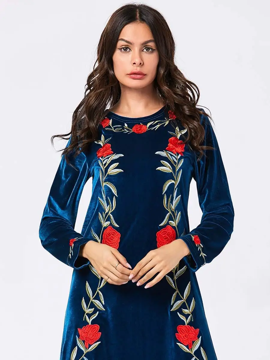 

2019 Velvet Abaya Muslim Women Floral Long Sleeve Dress Embroidery Jilbab Kaftan Robe Gown Islamic Clothing Autumn Winter Dress