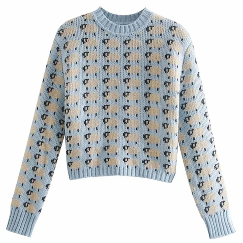 

Women Long Sleeve O-Neck Sweater Cartoon Little Sheep Print Knitwear Crop Top F42F