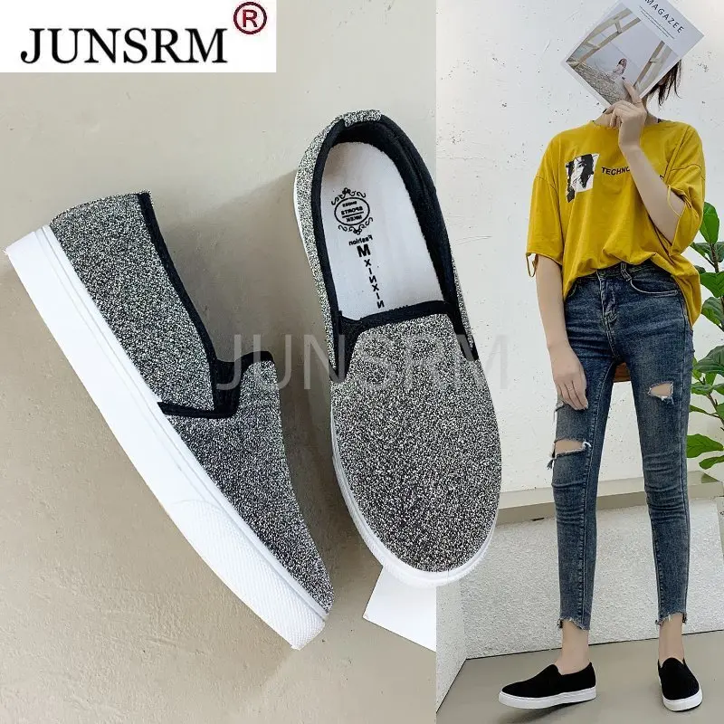 

2021 New Autumn Women Shoes Sequined Cloth Loafers Black Casual Shoes Slip on Flat Shoes Woman Flats Sneakers Zapatos Mujer