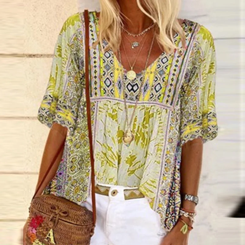 

Vintage Floral Print V Neck Boho Blouses Women Casual Short Sleeve Loose Shirt Pullover 2021 Spring Summer Streetwear Tops Blusa