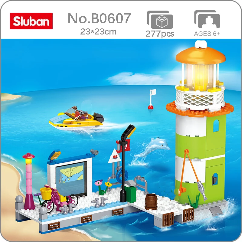 

Sluban B0607 Pink Dream Wharf Lighthouse Boat Yacht Dophin Dock Beach Scene Mini Blocks Bricks Building Toy for Children no Box
