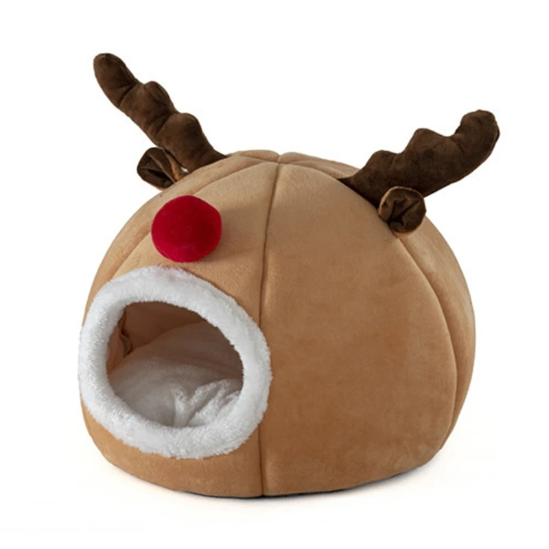 

Christmas Elk Antlers Three-dimensional Tent Cat Litter Plush Pet Sleeping Bed Warm Winter Cat Nest Mat Washable Kennel Lovely D