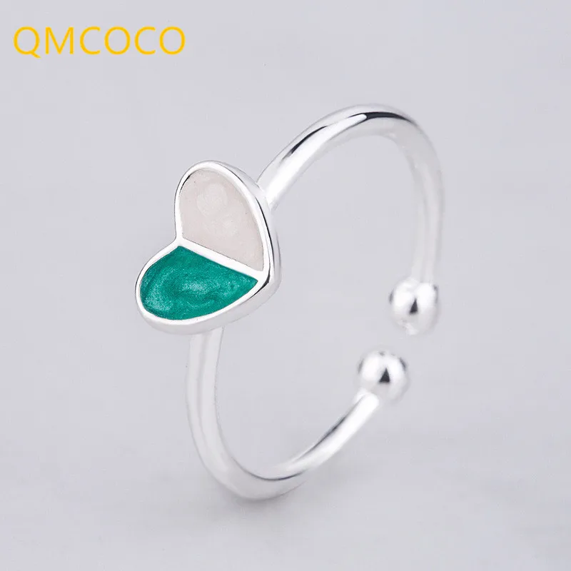 

QMCOCO 2021 New Silver Color Smooth Rings Multicolor Heart-Shape Open Adjustable For Woman Birthday Party Jewelry Gifts