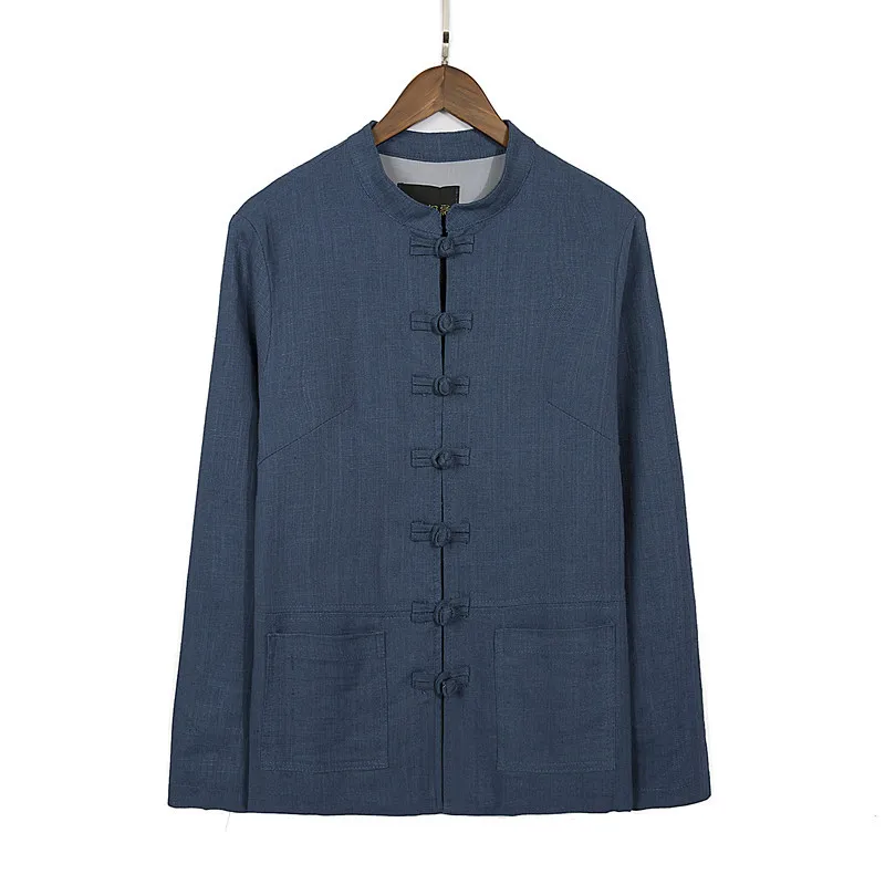 Мужская льняная куртка в китайском стиле большой размер Ретро стиль стоячий