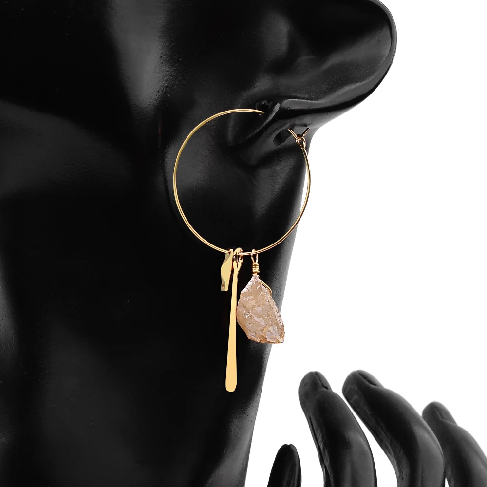 BOJIU Boho золото цвет Женские Висячие серьги естественный неправильной формы кварц