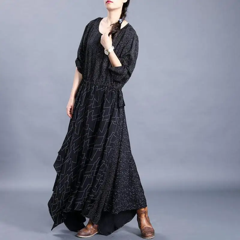 Женское асимметричное платье Johnature свободное свободного размера плюс с круглым