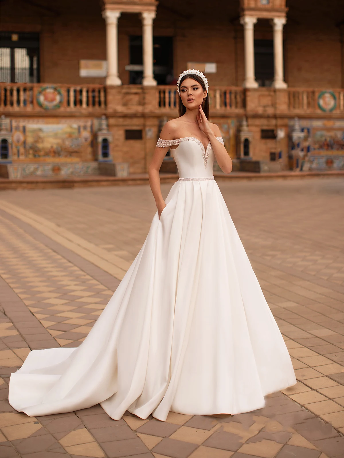 

Beading Off Shoulder Satin Minimalist Wedding Dress 2021 Simple Elegant Corset Church Bridal Gown Plus Size Vestido De Noiva