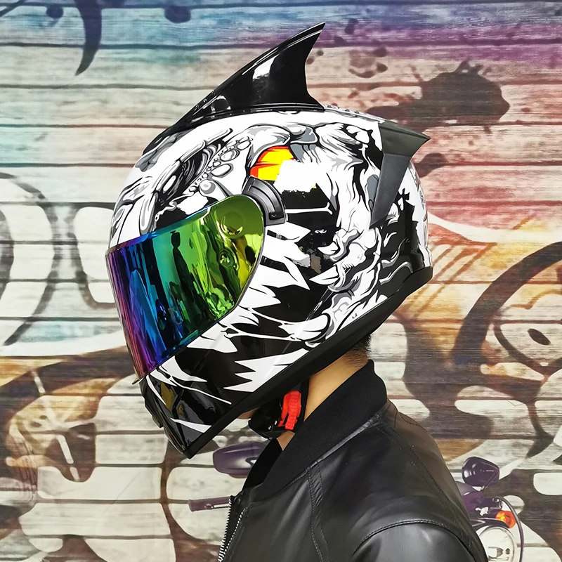

Antiglare Motorcycle Full Face Helmets Double Lens Racing Casco Motorbike Capacete Black Visor White Wild Pattern with Corner