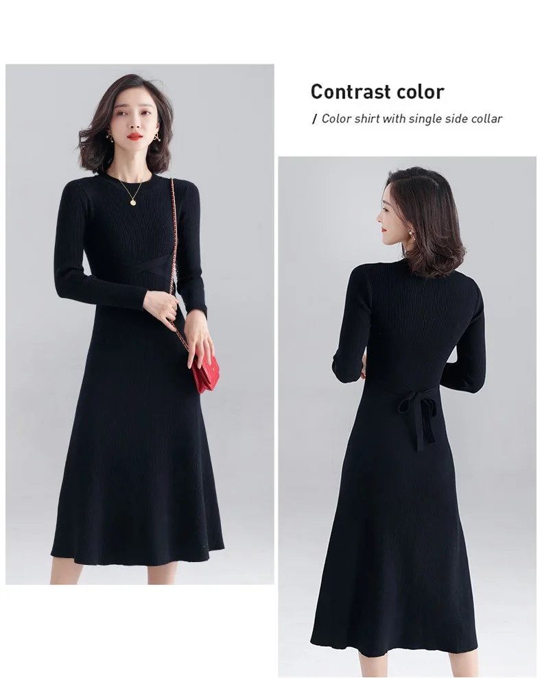 INNASOFAN knitted dress women Autumn Winter long-sleeved dress Euro-American fashion chic dress solid color
