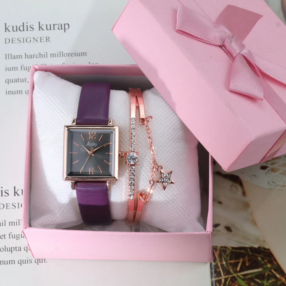 

Fashion 3pcs Set Women Watches Luxury Leather Square Dial Watch For ladies Quartz Wrist Watch Bracelet Set Reloj Mujer