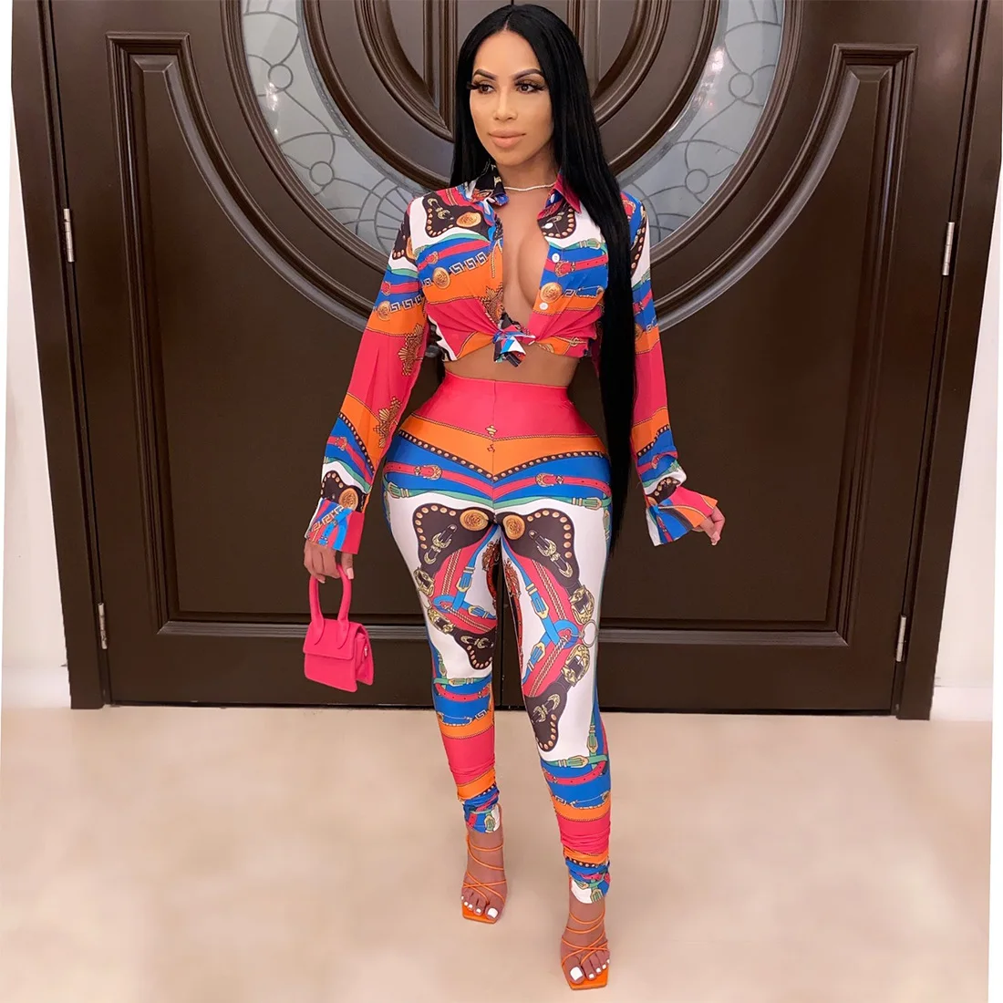 

Vintage style print women clothes set full sleeve shirt and pencil pants two piece set vintage fashion suit