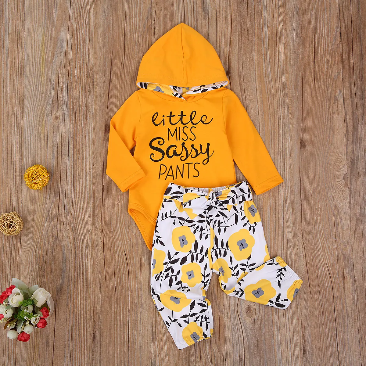 

Little Miss Newborn Baby Girl Long Sleeve Hooded Bodysuit Tops Floral Long Pant 2PCS Autumn Clothes Set
