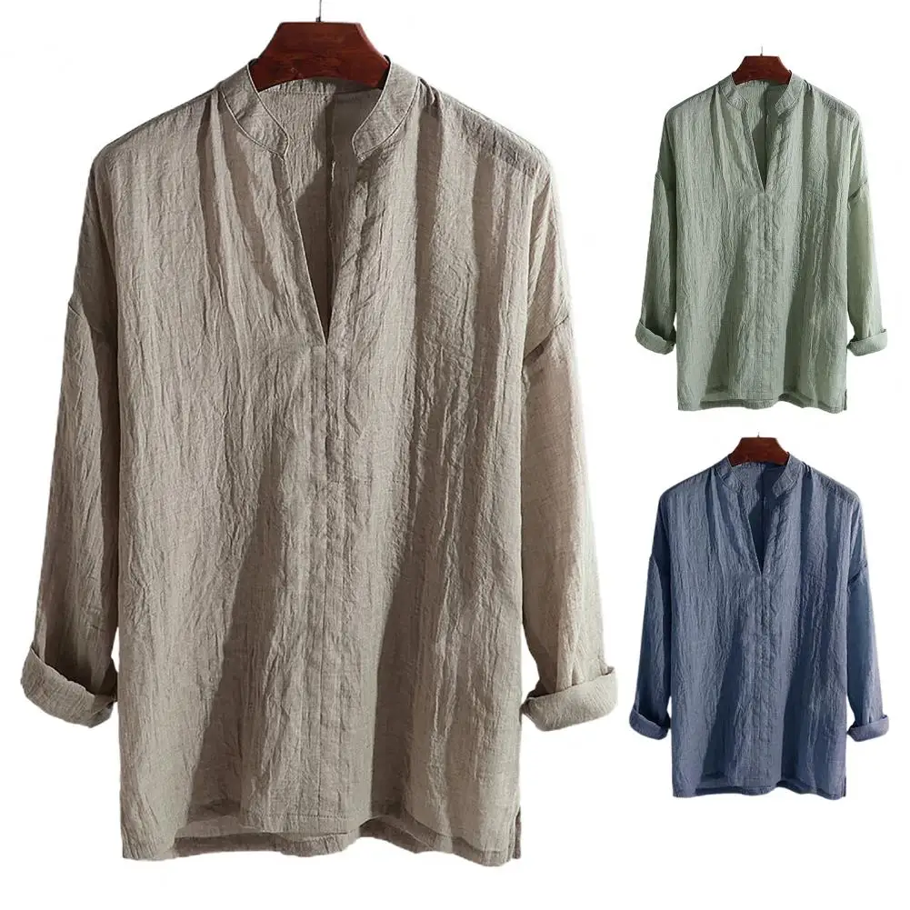 

Top Stylish Stand Collar Linen Loose T Shirts Breathable Long Sleeve Shirt Shrink Resistant for Daily Wear
