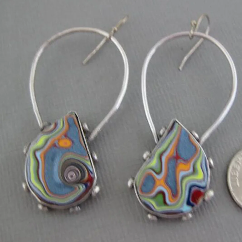 Vintage Water Drop Colorful Resin Stone Earrings Boho Jewelry Spiral Marbling Pattern Big Dangle for Women | Украшения и