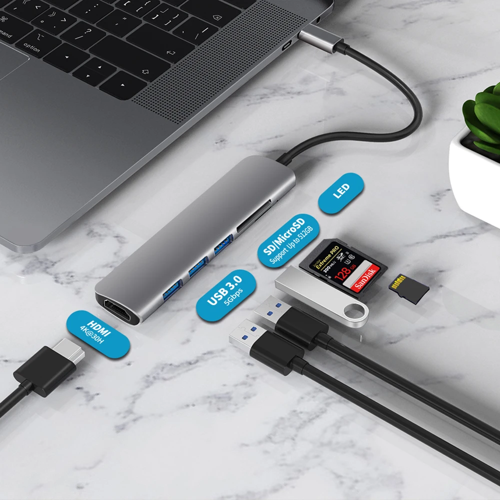 

USB 3.1 Type-C Hub To HDMI Adapter 4K Thunderbolt 3 USB C Hub with Hub 3.0 TF SD Reader Slot PD for MacBook Pro/Air/Huawei Mate