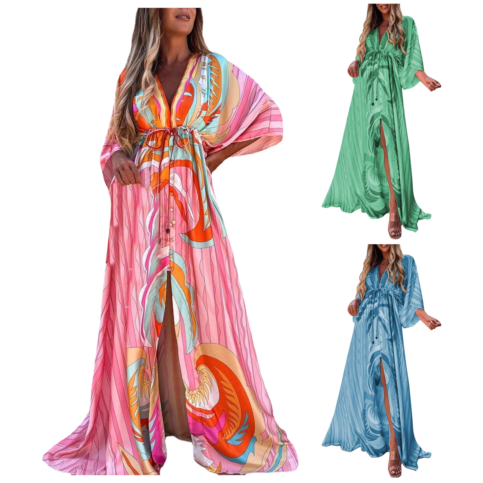 

52# Bohemian Print Loose Beach Dresses Women Maxi Dress Long Holiday Boho Print Slit Striped Ladies Summer Party Dress Robe