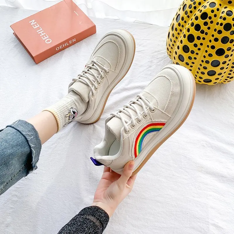 

2021 New Women's Shoes Rainbow Embroidery Canvas Shoes Women Casual Sneakers Women Platform Vulcanized Shoes Zapatillas Mujer